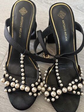 ANTONIO MELANI Black Pearl-Trim Strappy Block Heels